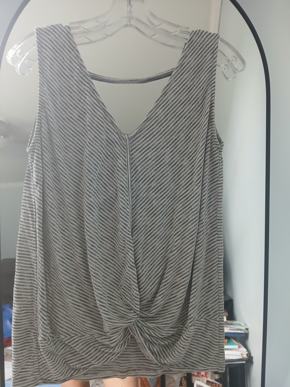 Daytrip Gray and White Striped V-Neck Twist-Front Tank